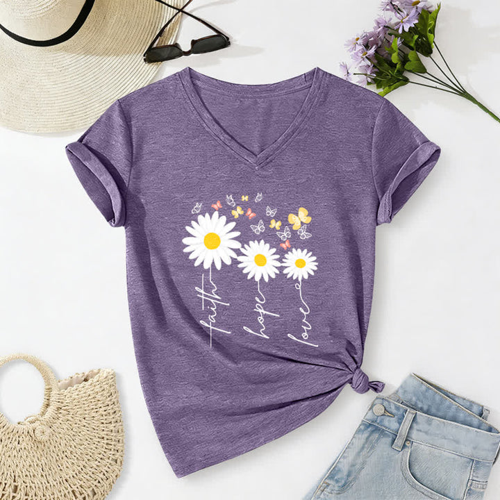 Christianartworkshop Camiseta informal con cuello en V y estampado floral de margaritas y mariposas "Fe, Esperanza, Amor". - Púrpura - 2XL - image 0