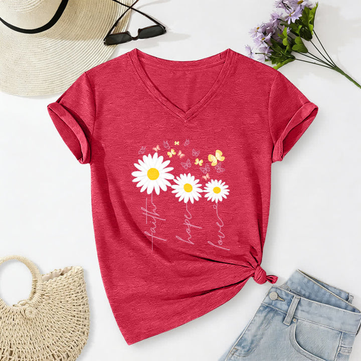 Christianartworkshop Camiseta informal con cuello en V y estampado floral de margaritas y mariposas "Fe, Esperanza, Amor". - Rojo - 2XL - image 16
