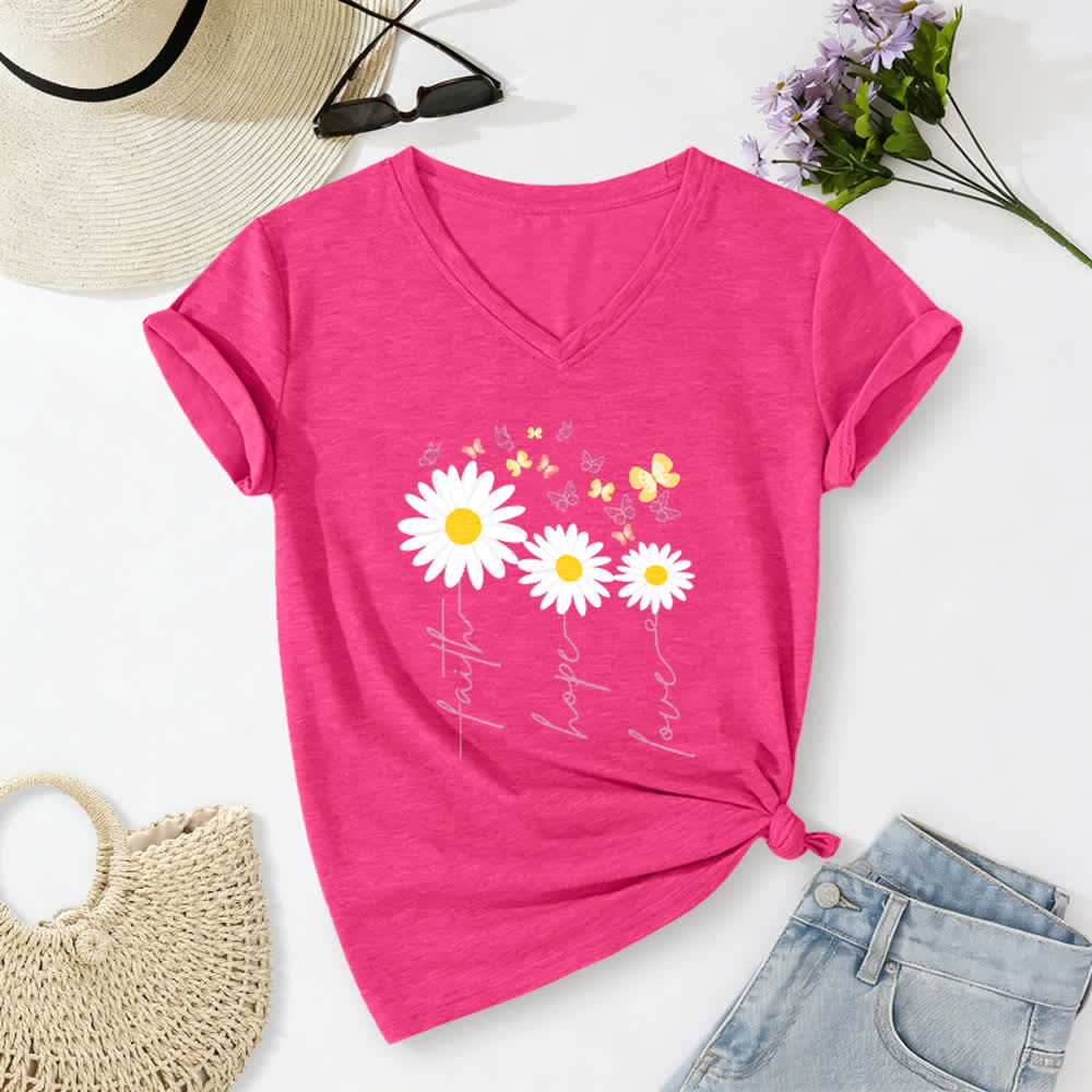 Christianartworkshop Camiseta informal con cuello en V y estampado floral de margaritas y mariposas "Fe, Esperanza, Amor". - Rosa - 2XL - image 22