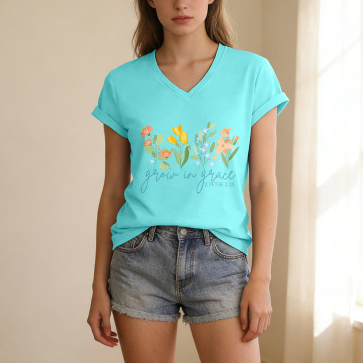 Christianartworkshop Camiseta informal con cuello en V y estampado floral "Crece en la gracia" (2 Pedro 3:18). - image 21