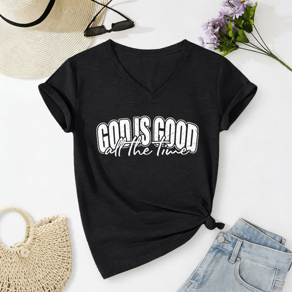 Christianartworkshop Camiseta informal con cuello en V y estampado de letras vintage "Dios es bueno todo el tiempo" - Negro - 2XL - image 0