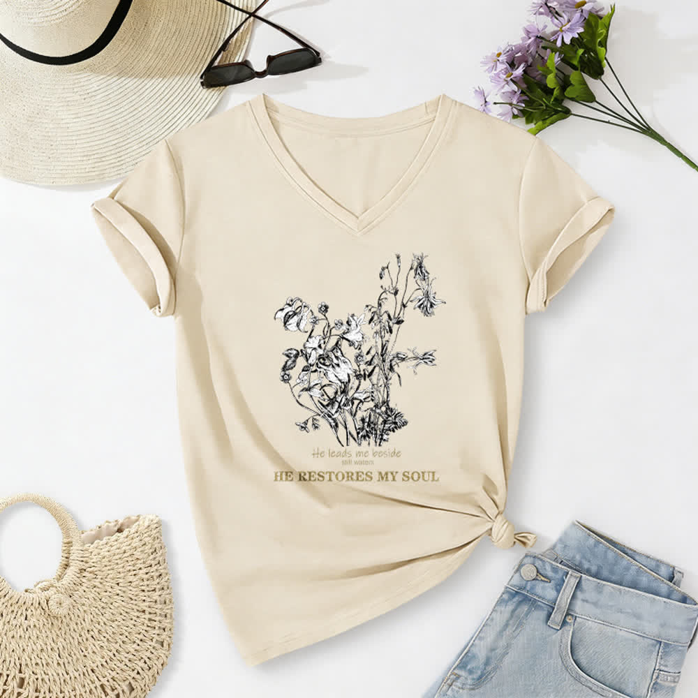 Christianartworkshop Él restaura mi alma Camiseta beige con cuello en V y estampado floral - Beige - 2XL - image 0