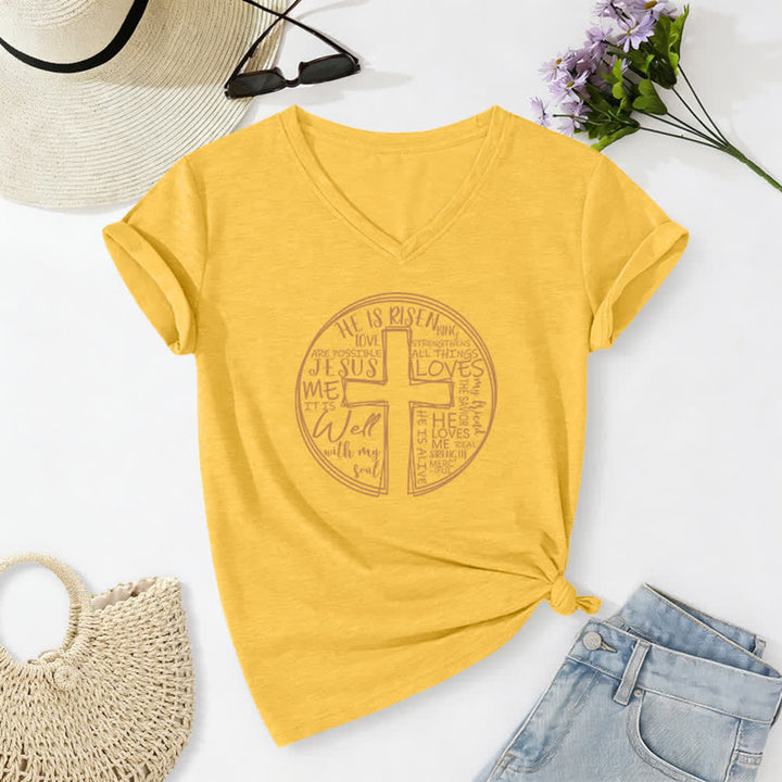 Christianartworkshop Camiseta de mujer de algodón suave con cuello en V y estampado de círculo de la Cruz de la Fe - Amarillo - 2XL - image 24