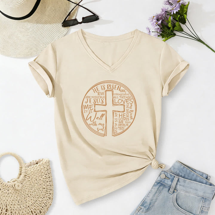 Christianartworkshop Camiseta de mujer de algodón suave con cuello en V y estampado de círculo de la Cruz de la Fe - Beige - 2XL - image 2
