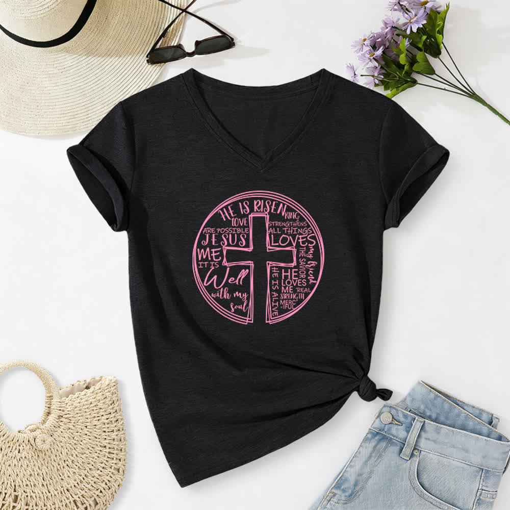 Christianartworkshop Camiseta de mujer de algodón suave con cuello en V y estampado de círculo de la Cruz de la Fe - Negro - 2XL - image 14