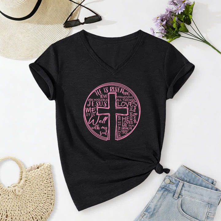 Christianartworkshop Camiseta de mujer de algodón suave con cuello en V y estampado de círculo de la Cruz de la Fe - Negro - 2XL - image 14