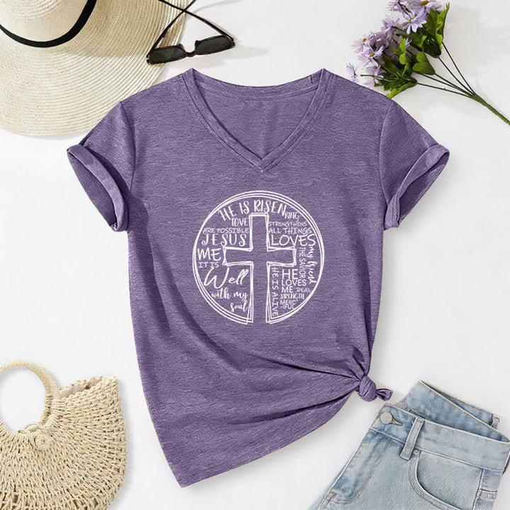 Christianartworkshop Camiseta de mujer de algodón suave con cuello en V y estampado de círculo de la Cruz de la Fe - Púrpura - 2XL - image 18