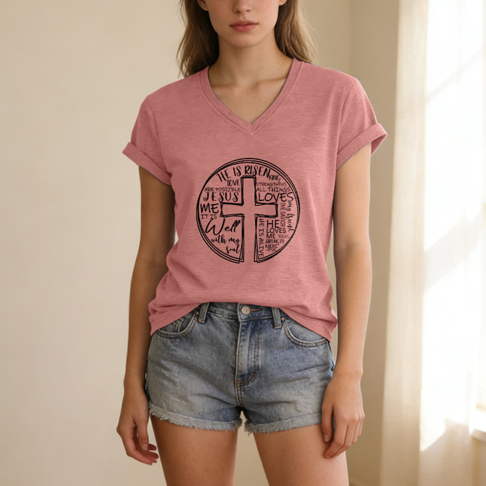 Christianartworkshop Camiseta de mujer de algodón suave con cuello en V y estampado de círculo de la Cruz de la Fe - image 21