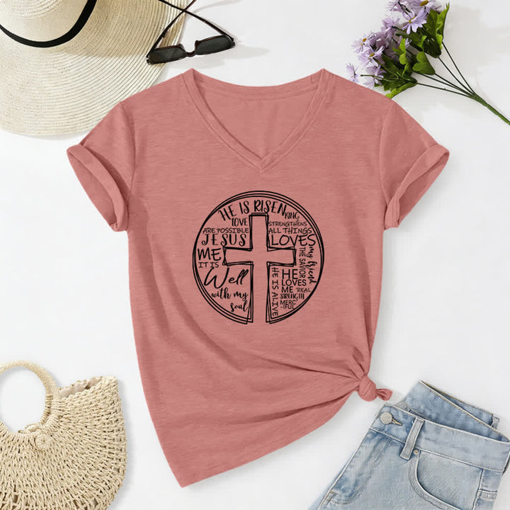 Christianartworkshop Camiseta de mujer de algodón suave con cuello en V y estampado de círculo de la Cruz de la Fe - image 20
