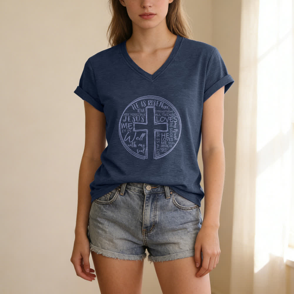 Christianartworkshop Camiseta de mujer de algodón suave con cuello en V y estampado de círculo de la Cruz de la Fe - image 11