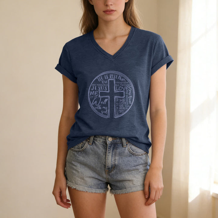 Christianartworkshop Camiseta de mujer de algodón suave con cuello en V y estampado de círculo de la Cruz de la Fe - image 11