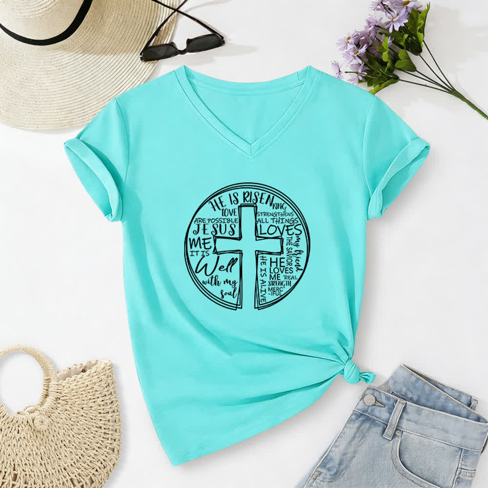 Christianartworkshop Camiseta de mujer de algodón suave con cuello en V y estampado de círculo de la Cruz de la Fe - Azul - 2XL - image 0
