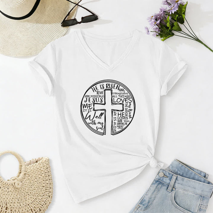 Christianartworkshop Camiseta de mujer de algodón suave con cuello en V y estampado de círculo de la Cruz de la Fe - image 5