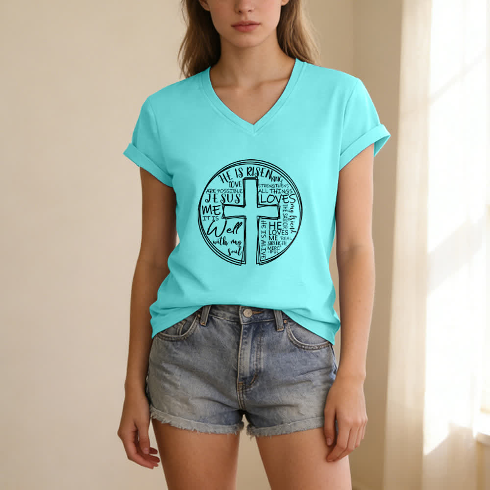 Christianartworkshop Camiseta de mujer de algodón suave con cuello en V y estampado de círculo de la Cruz de la Fe - image 1