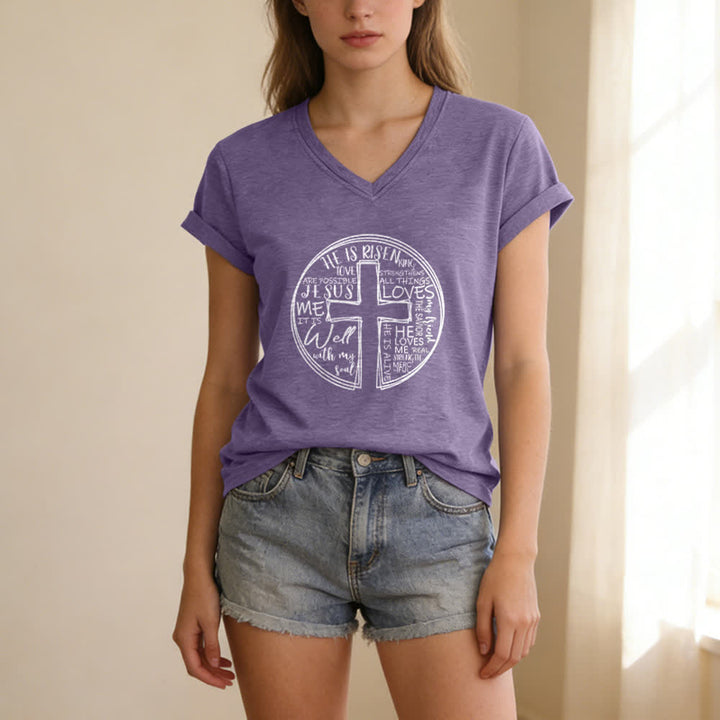 Christianartworkshop Camiseta de mujer de algodón suave con cuello en V y estampado de círculo de la Cruz de la Fe - image 19