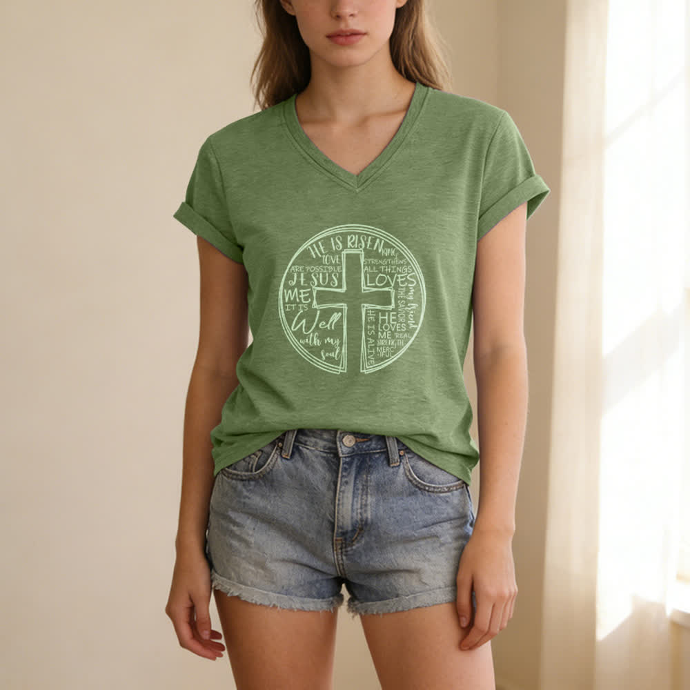Christianartworkshop Camiseta de mujer de algodón suave con cuello en V y estampado de círculo de la Cruz de la Fe - image 9