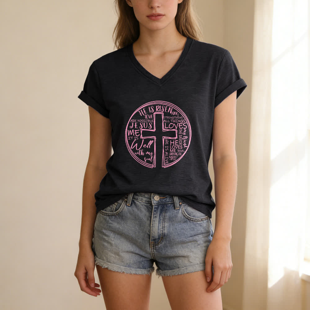 Christianartworkshop Camiseta de mujer de algodón suave con cuello en V y estampado de círculo de la Cruz de la Fe - image 15