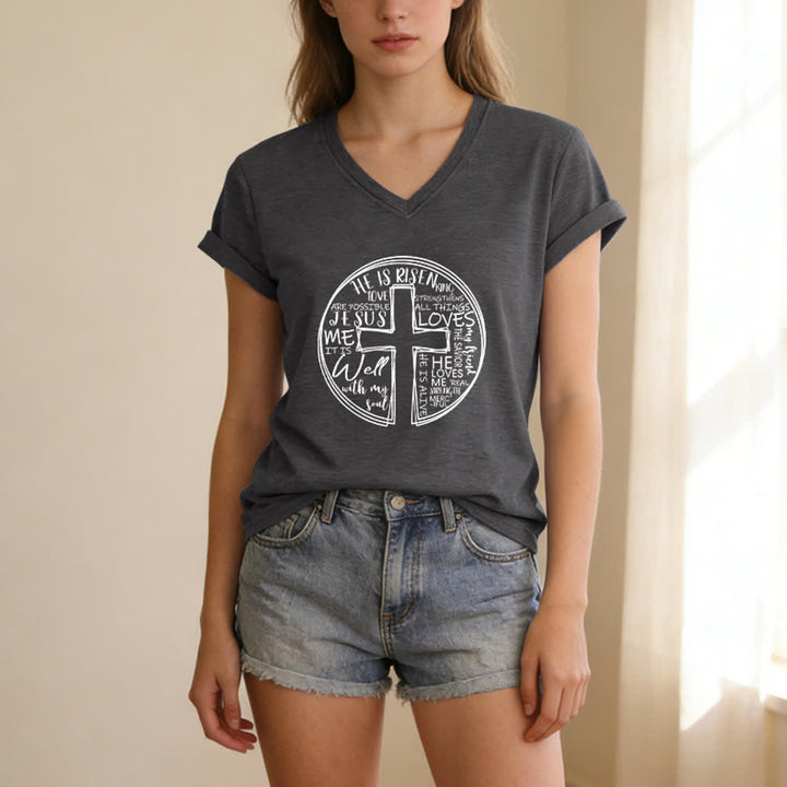 Christianartworkshop Camiseta de mujer de algodón suave con cuello en V y estampado de círculo de la Cruz de la Fe - image 7