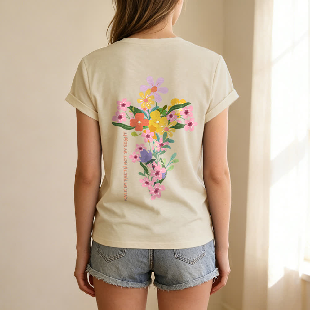 Christianartworkshop Camiseta informal con cuello en V y estampado floral "Jesús es la luz" a doble cara. Camina por fe, no por vista. - image 2