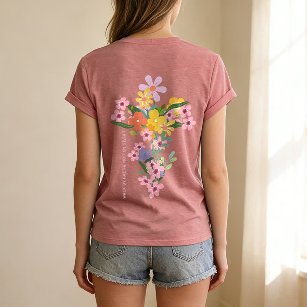 Christianartworkshop Camiseta informal con cuello en V y estampado floral "Jesús es la luz" a doble cara. Camina por fe, no por vista. - image 38