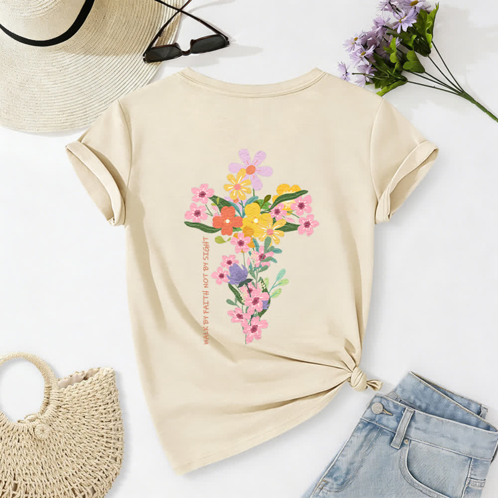 Christianartworkshop Camiseta informal con cuello en V y estampado floral "Jesús es la luz" a doble cara. Camina por fe, no por vista. - Beige - 2XL - image 0