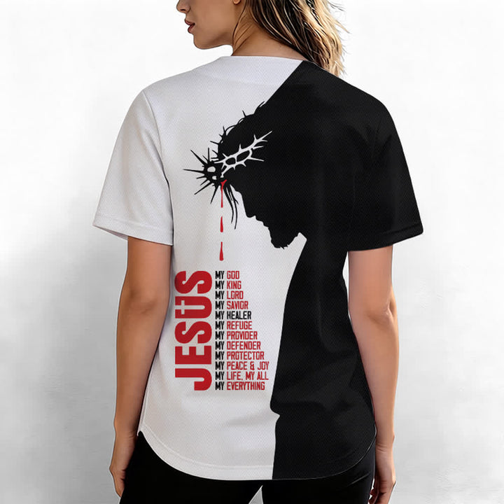 Camiseta de béisbol unisex con la imagen de Jesús, mi todo dividido de Christianartworkshop - image 6