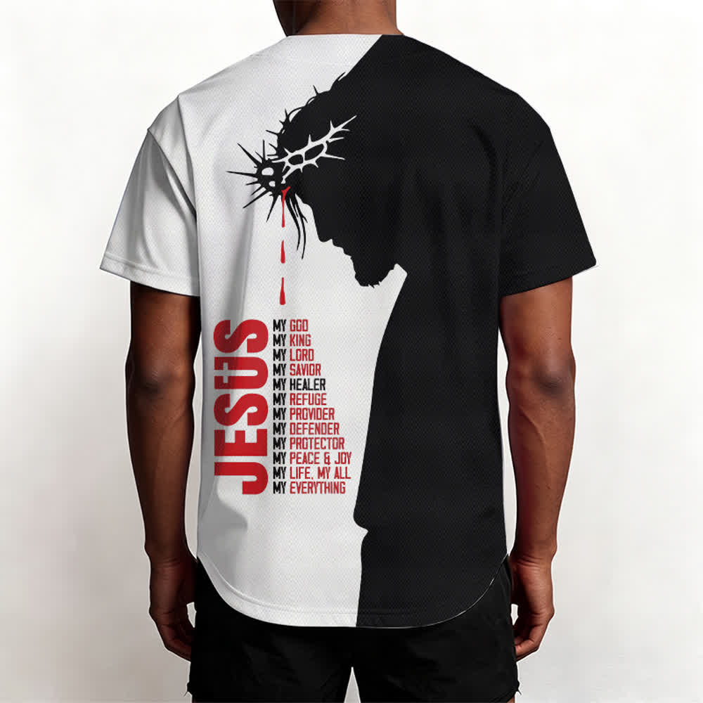 Camiseta de béisbol unisex con la imagen de Jesús, mi todo dividido de Christianartworkshop - image 4