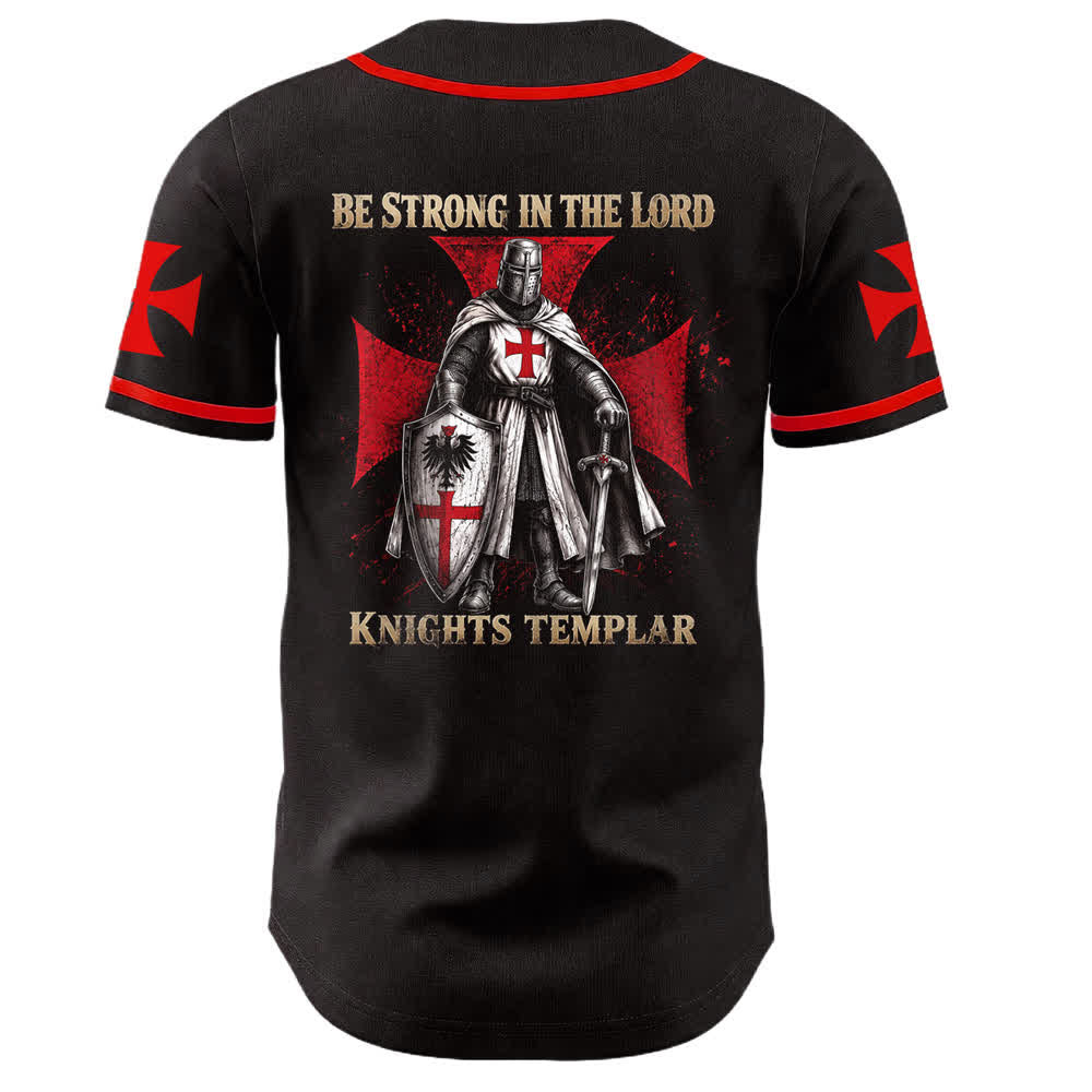 Camiseta de béisbol unisex con la imagen de un caballero templario con la cruz de Jesús, de Christianartworkshop, con la frase "Sé fuerte en el Señor" y la inscripción "Caballero Templario". - image 1