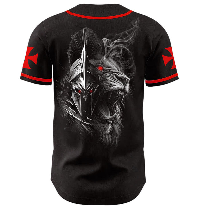 Camiseta de béisbol unisex con diseño de Jesús, guerrero espartano y león, 3 clavos y 1 cruz, de Christianartworkshop. - image 1