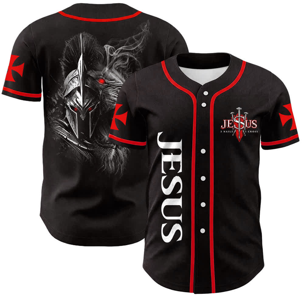 Christianartworkshop Camiseta de béisbol unisex con el león guerrero espartano de Jesús, 3 clavos y 1 cruz. - Jesús, guerrero espartano, león - 5XL - image 0