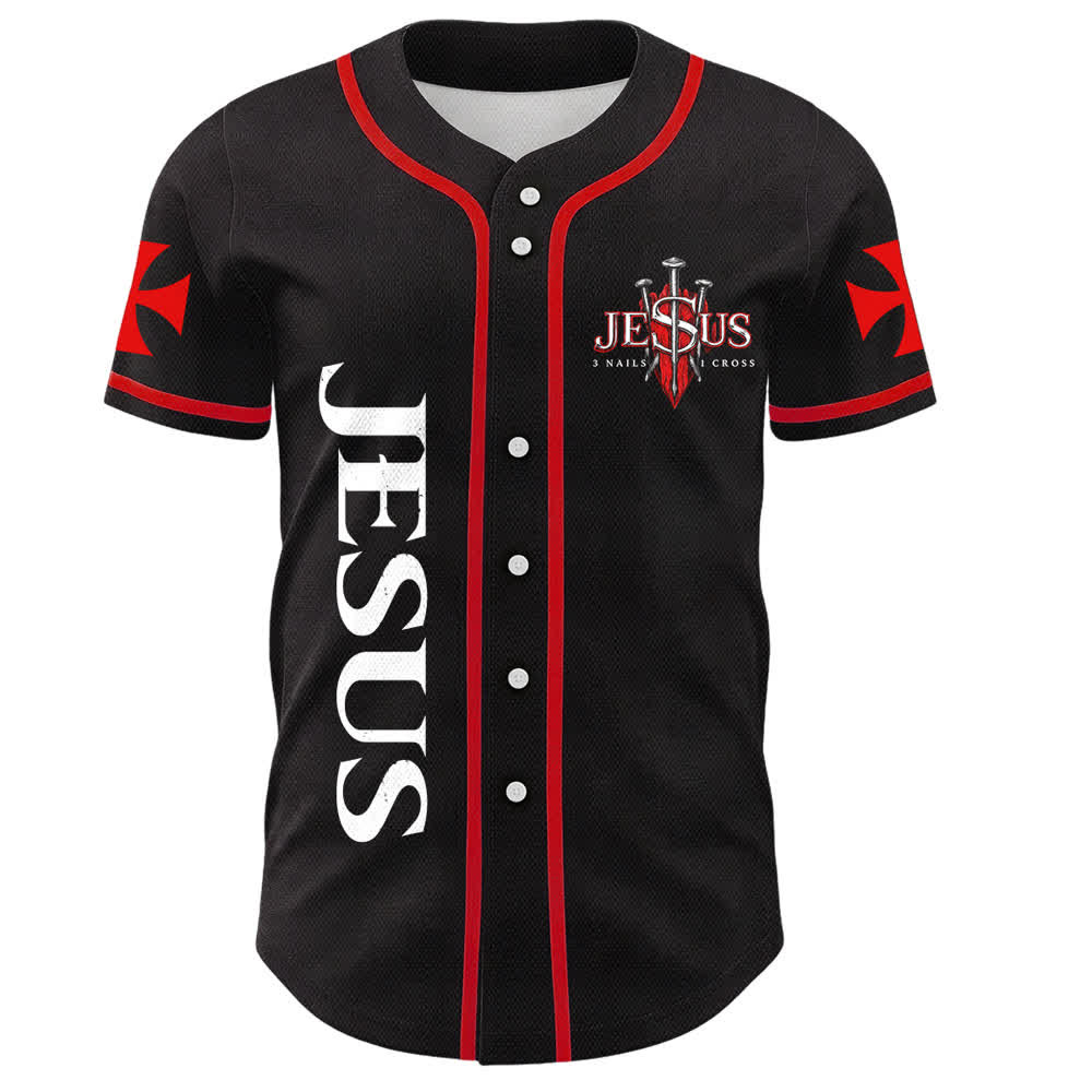 Camiseta de béisbol unisex con la imagen de Jesús, el león de Judá, con 3 clavos y 1 cruz, de Christianartworkshop. - image 1