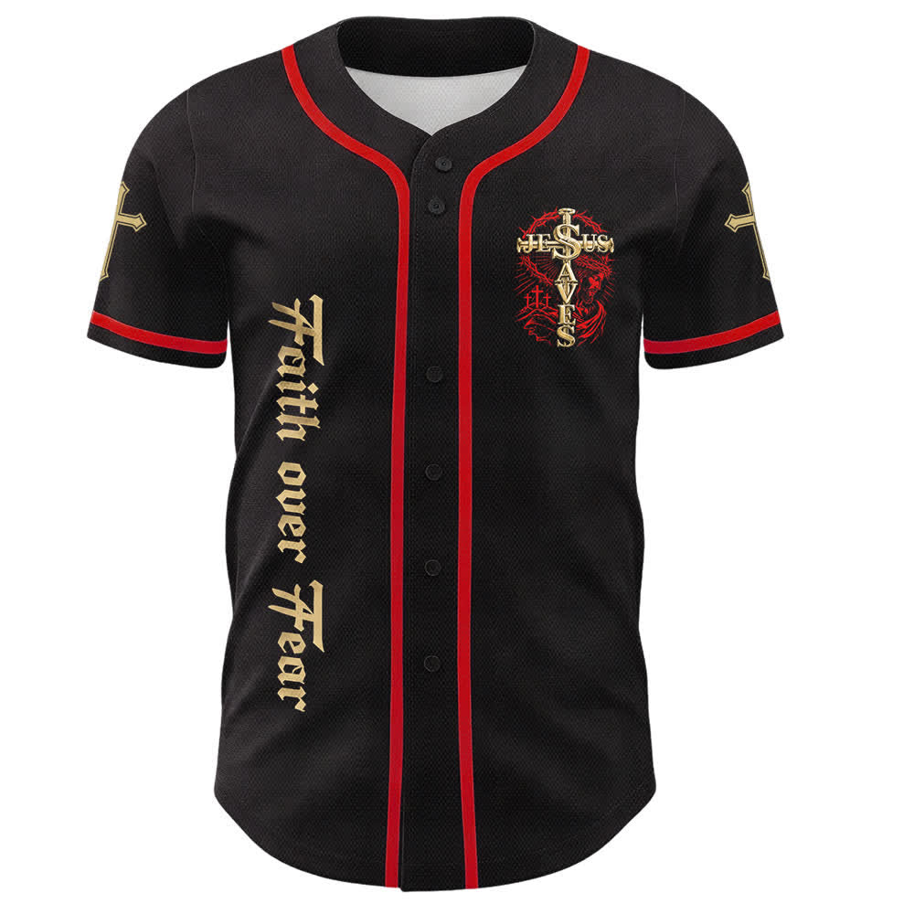 Christianartworkshop Camiseta de béisbol unisex con cruz de espinas "Fe sobre el miedo: Jesús salva" - image 5