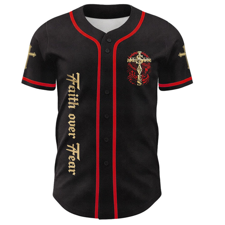 Christianartworkshop Camiseta de béisbol unisex con cruz de espinas "Fe sobre el miedo: Jesús salva" - image 5