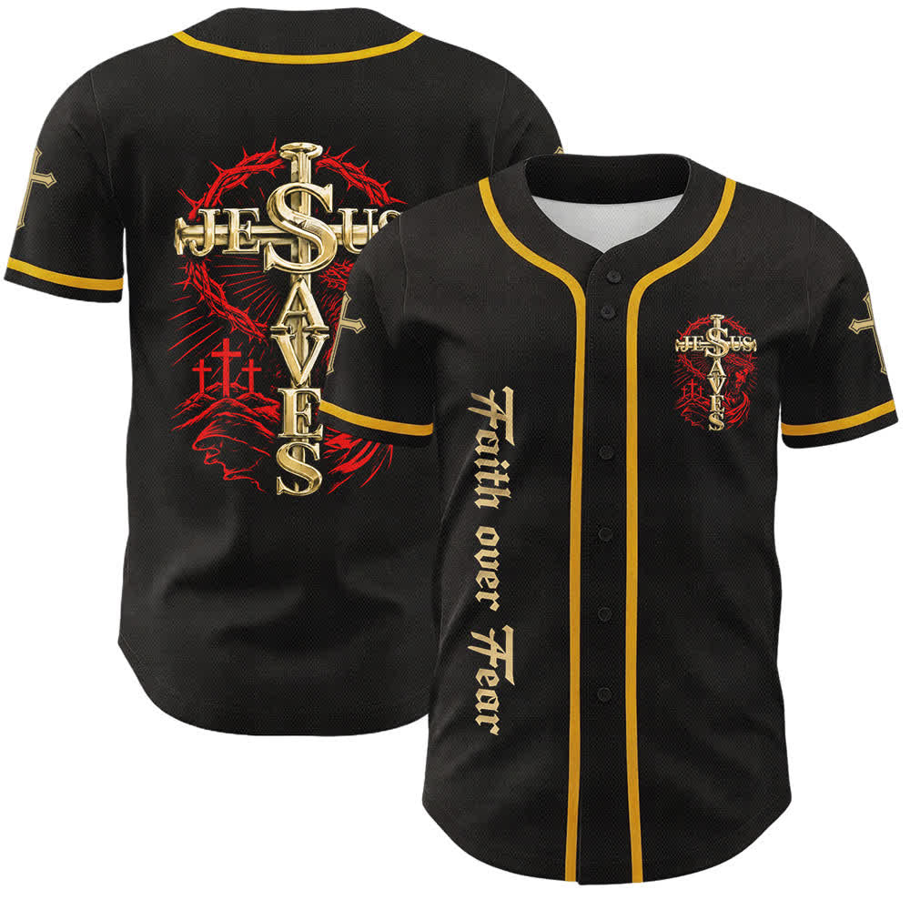 Christianartworkshop Camiseta de béisbol unisex con cruz de espinas "Fe sobre el miedo: Jesús salva" - Amarillo - 5XL - image 0