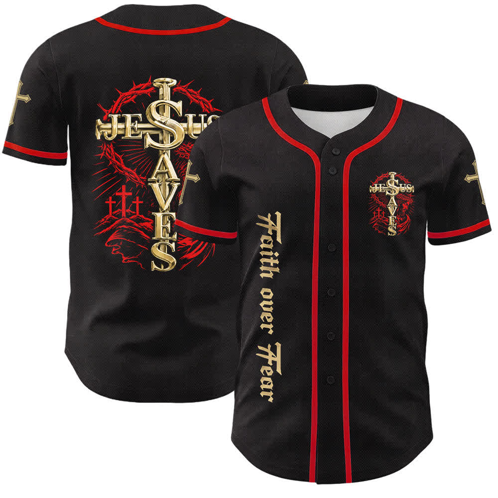 Christianartworkshop Camiseta de béisbol unisex con cruz de espinas "Fe sobre el miedo: Jesús salva" - Rojo - 5XL - image 3