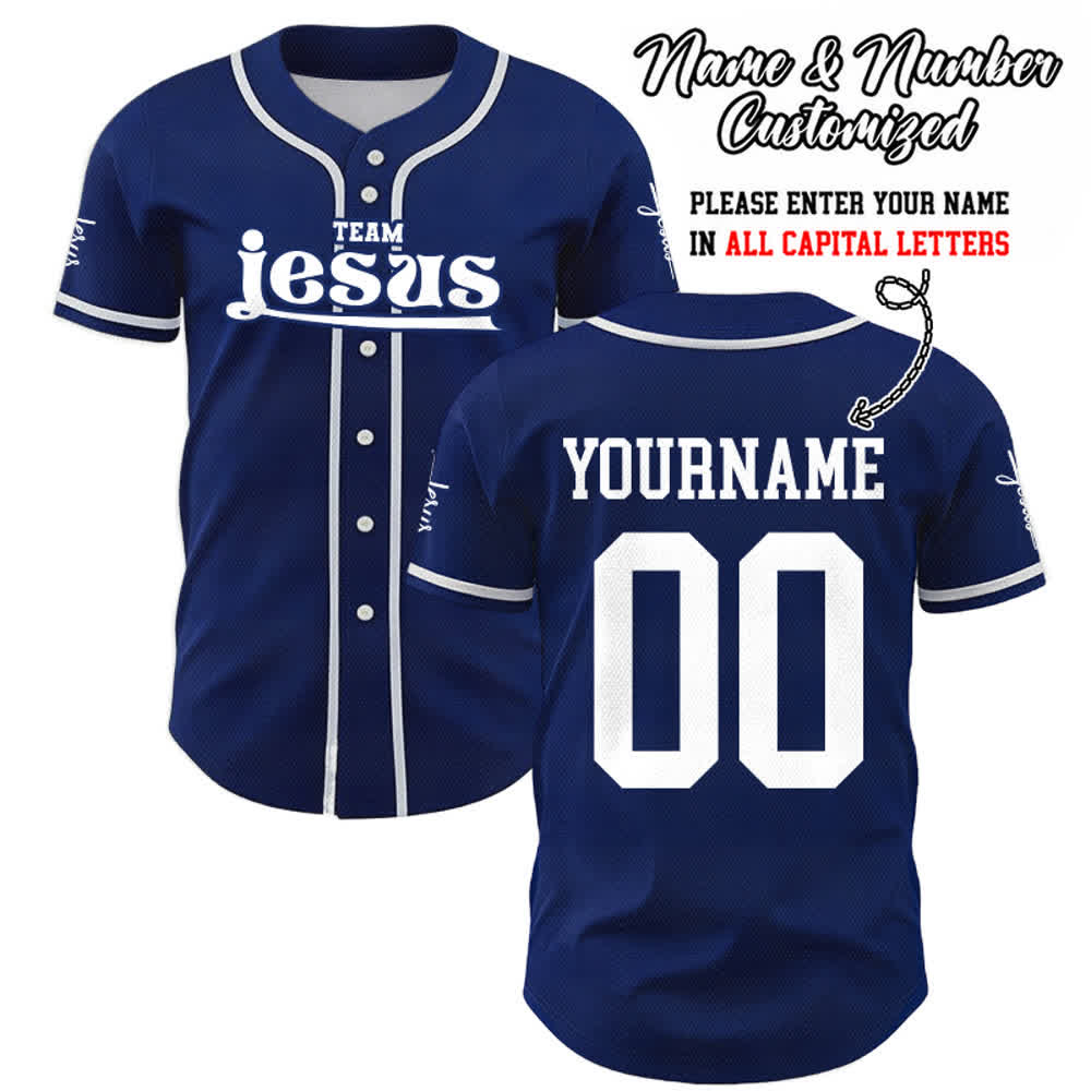 Christianartworkshop Camiseta de béisbol unisex personalizada con nombre y número del equipo Bold Team Jesus - Azul marino - 5XL - Nombre y número personalizados - image 0