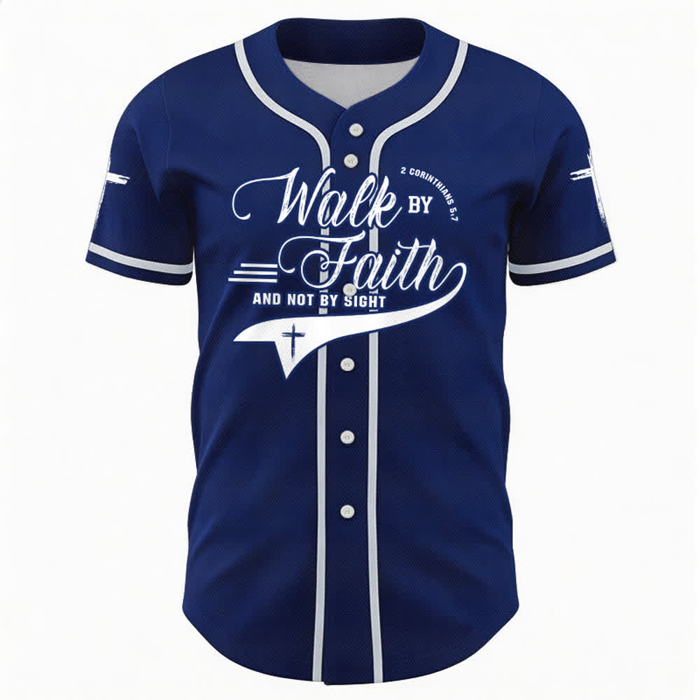 Christianartworkshop 2 Corintios 5:7 “Andad por fe y no por vista” Camiseta de béisbol con la frase de la cruz - image 1