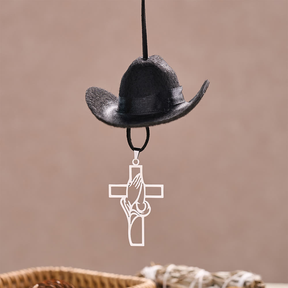 Christianartworkshop Mini sombrero de vaquero, manos rezando y colgante para coche con cruz: símbolo de paz y gracia en los viajes. - image 7