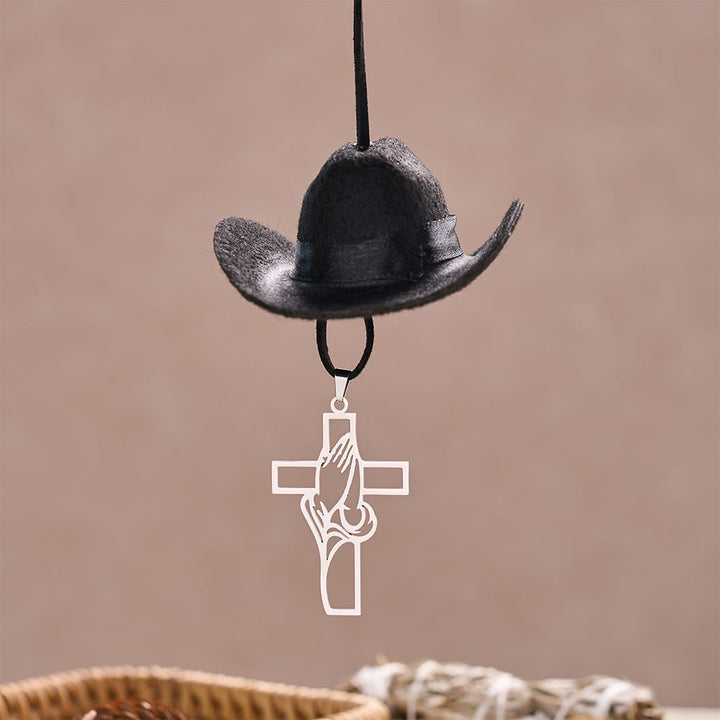 Christianartworkshop Mini sombrero de vaquero, manos rezando y colgante para coche con cruz: símbolo de paz y gracia en los viajes. - image 7
