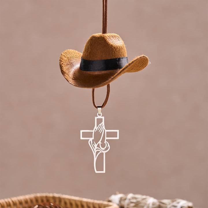 Christianartworkshop Mini sombrero de vaquero, manos rezando y colgante para coche con cruz: símbolo de paz y gracia en los viajes. - Marrón - image 5