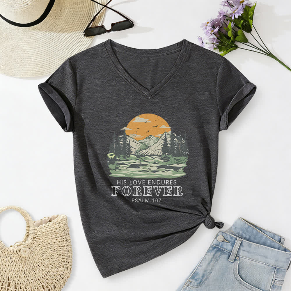 Christianartworkshop Su amor perdura para siempre. Salmo 107. Camiseta informal con cuello en V y estampado de paisaje de montaña. - Gris oscuro - 2XL - image 0