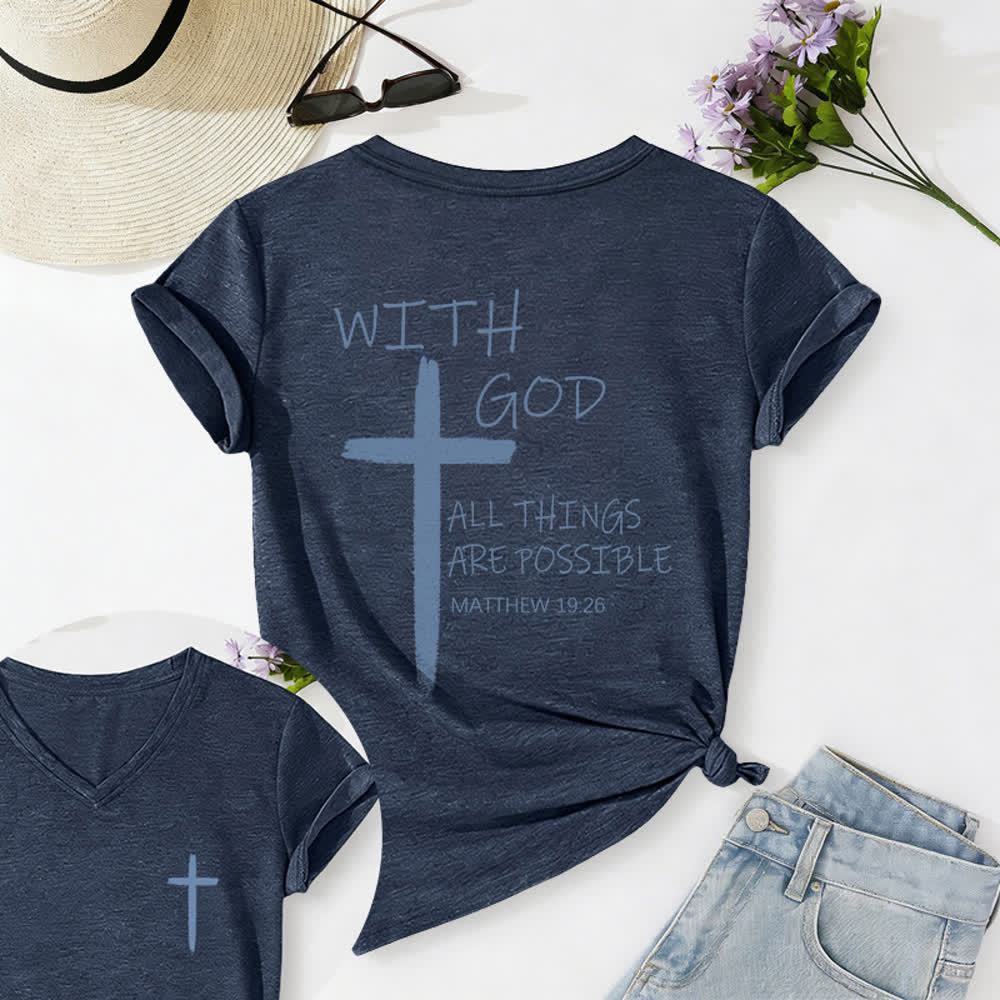 Christianartworkshop Camiseta informal con cuello en V y estampado de doble cara con la cruz "Con Dios todo es posible" (Mateo 19:26). - Azul marino - 2XL - image 0