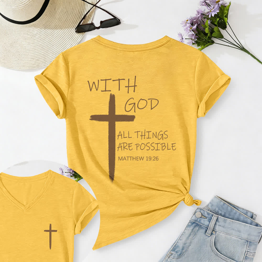 Christianartworkshop Camiseta informal con cuello en V y estampado de doble cara con la cruz "Con Dios todo es posible" (Mateo 19:26). - Amarillo - 2XL - image 60