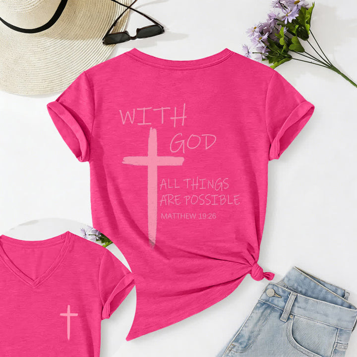 Christianartworkshop Camiseta informal con cuello en V y estampado de doble cara con la cruz "Con Dios todo es posible" (Mateo 19:26). - Rosa - 2XL - image 55