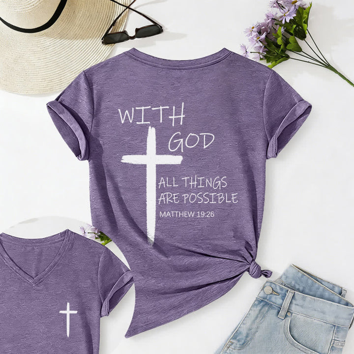 Christianartworkshop Camiseta informal con cuello en V y estampado de doble cara con la cruz "Con Dios todo es posible" (Mateo 19:26). - Púrpura - 2XL - image 40