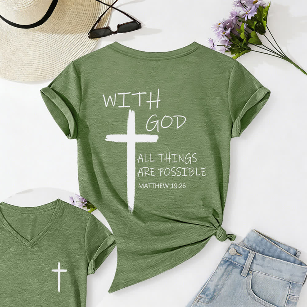 Christianartworkshop Camiseta informal con cuello en V y estampado de doble cara con la cruz "Con Dios todo es posible" (Mateo 19:26). - Verde oliva - 2XL - image 20