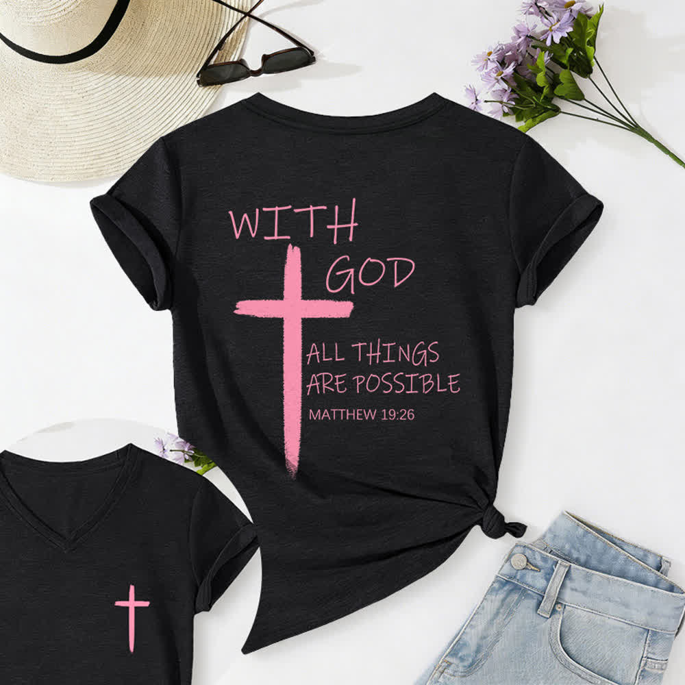 Christianartworkshop Camiseta informal con cuello en V y estampado de doble cara con la cruz "Con Dios todo es posible" (Mateo 19:26). - Negro - 2XL - image 30