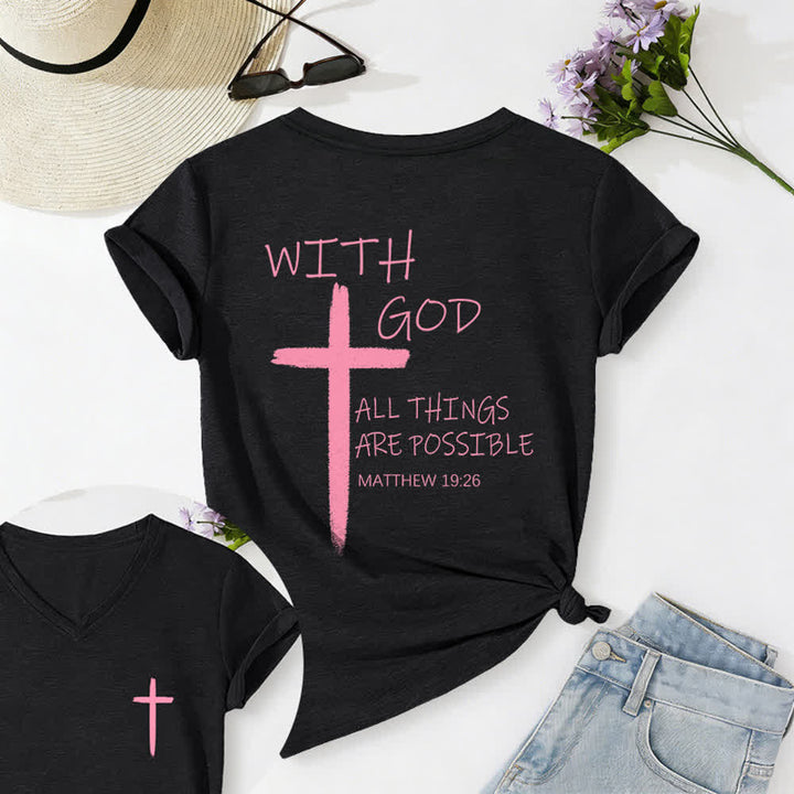 Christianartworkshop Camiseta informal con cuello en V y estampado de doble cara con la cruz "Con Dios todo es posible" (Mateo 19:26). - Negro - 2XL - image 30