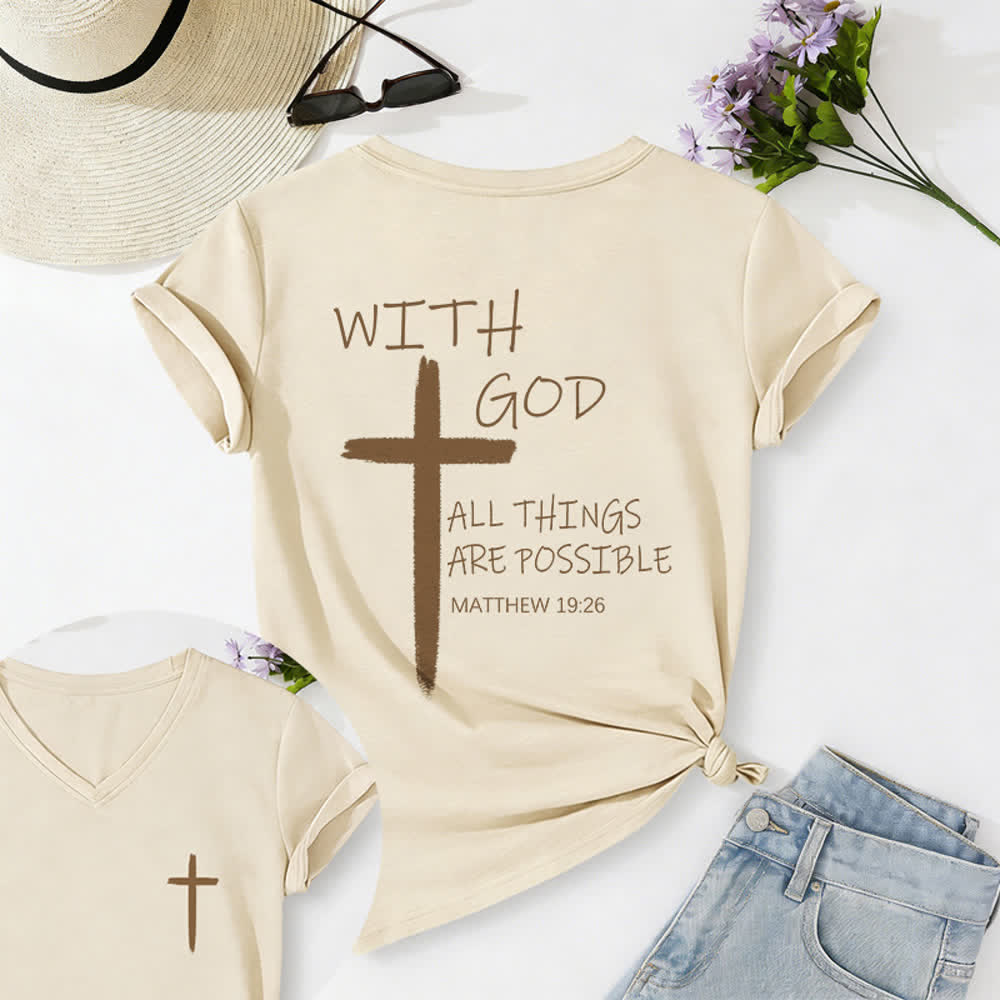 Christianartworkshop Camiseta informal con cuello en V y estampado de doble cara con la cruz "Con Dios todo es posible" (Mateo 19:26). - Beige - 2XL - image 5