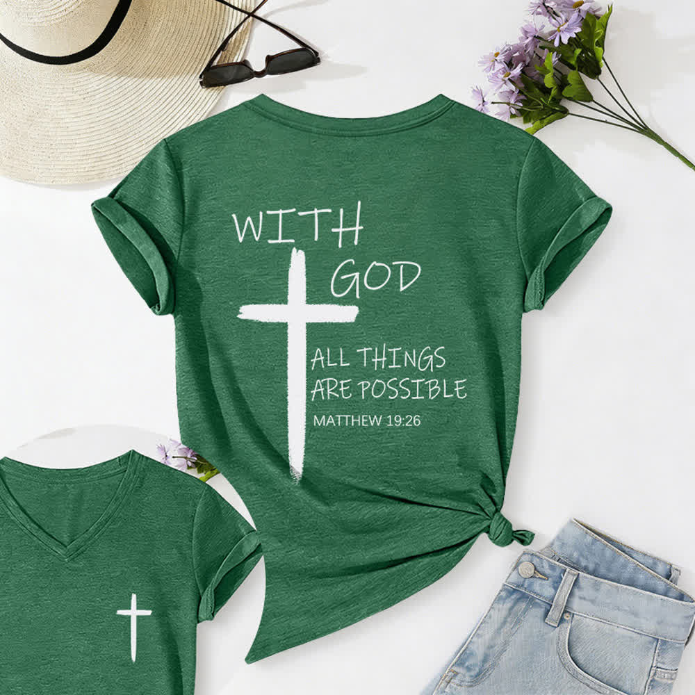 Christianartworkshop Camiseta informal con cuello en V y estampado de doble cara con la cruz "Con Dios todo es posible" (Mateo 19:26). - Verde oscuro - 2XL - image 25